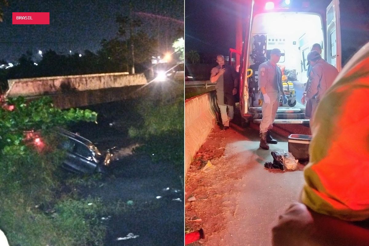 Carro cai em canal e mobiliza bombeiros no litoral de SP; motorista sai ileso