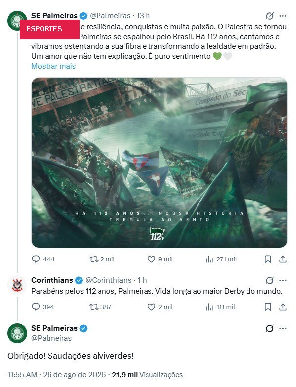 Corinthians parabeniza Palmeiras pelo aniversário de 112 anos: "Maior Dérbi do mundo"