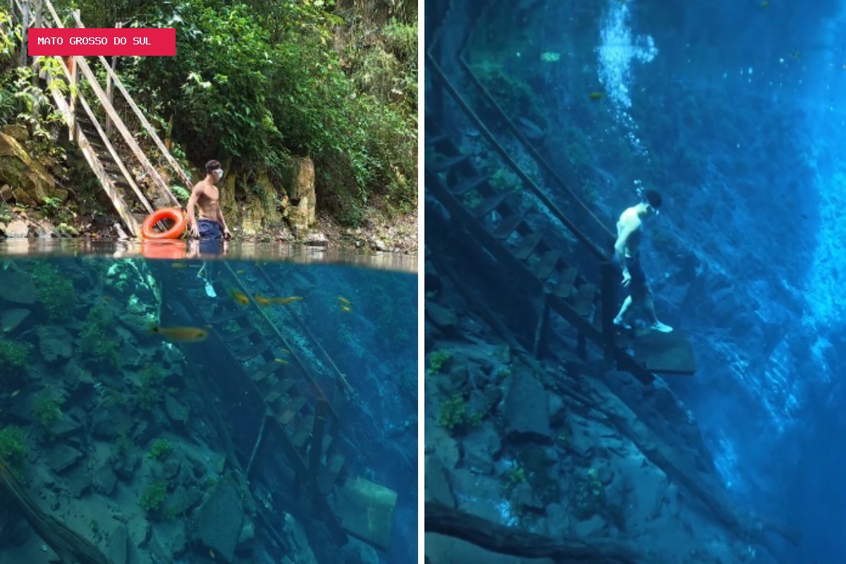 Escada submersa em lagoa misteriosa cria cena surreal e caminhada debaixo d'água; VÍDEO