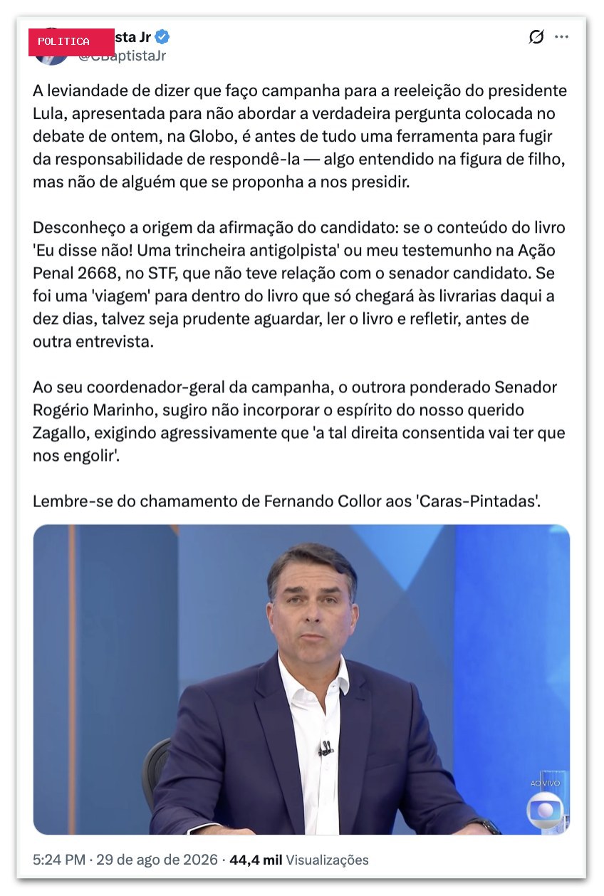 Ex-comandante da FAB rebate Flávio sobre ele apoiar Lula