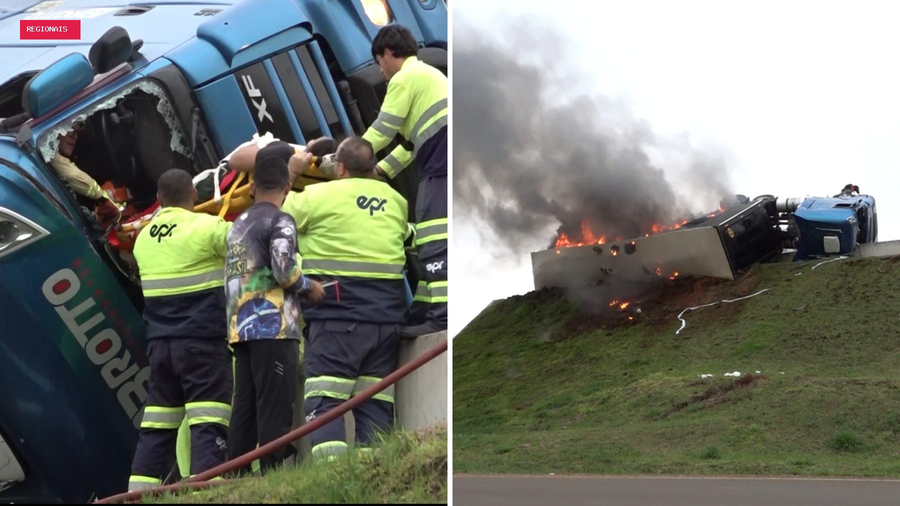 Passageira é retirada de ferragens de caminhão segundos antes de veículo pegar fogo, no Paraná