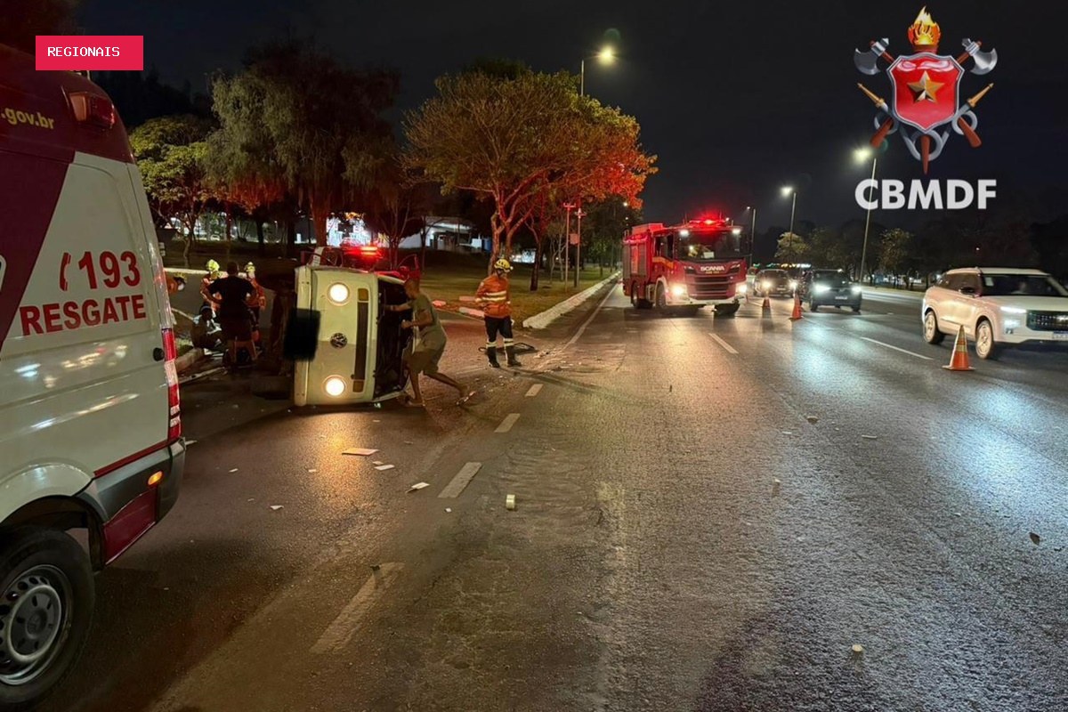 Kombi tomba no Eixão Sul e motorista é levado ferido ao hospital