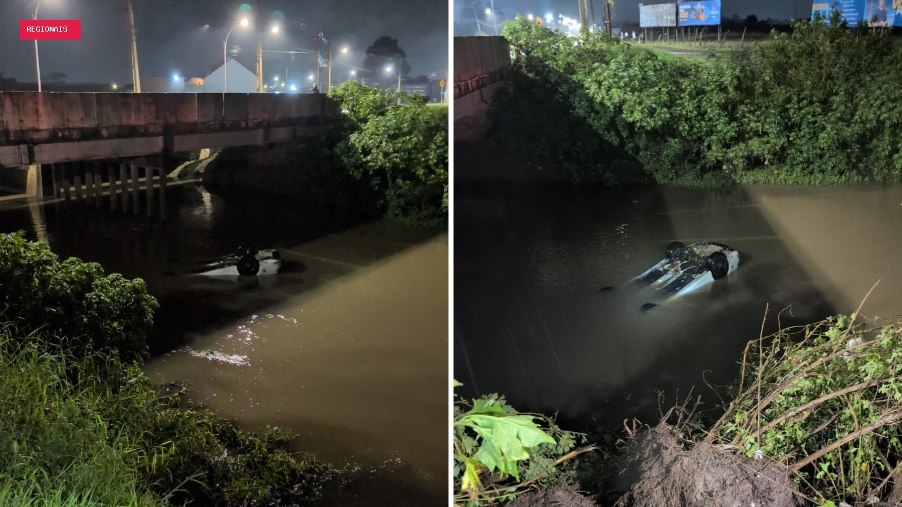 Mulher desaparece após carro cair em rio durante a madrugada, na Grande Curitiba; homem foi encontrado morto