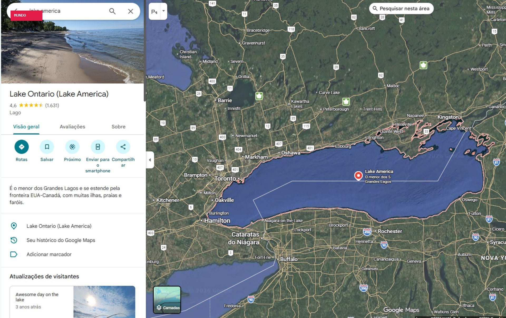 Google Maps muda nome do Lago Ontário para 'Lago América' nos EUA após ordem executiva de Trump