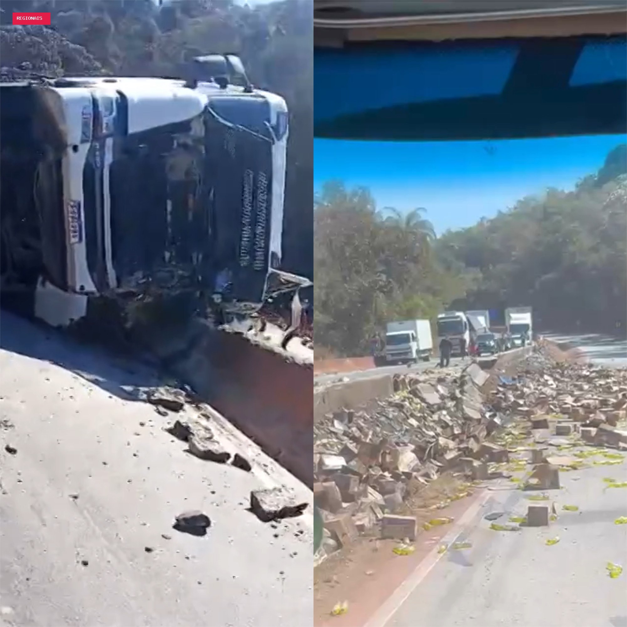 Carreta carregada de detergente tomba e interdita Fernão Dias no sentido BH