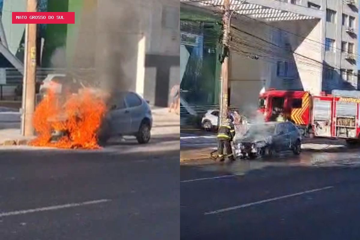 Carro pega fogo enquanto motorista ia para o trabalho em Campo Grande