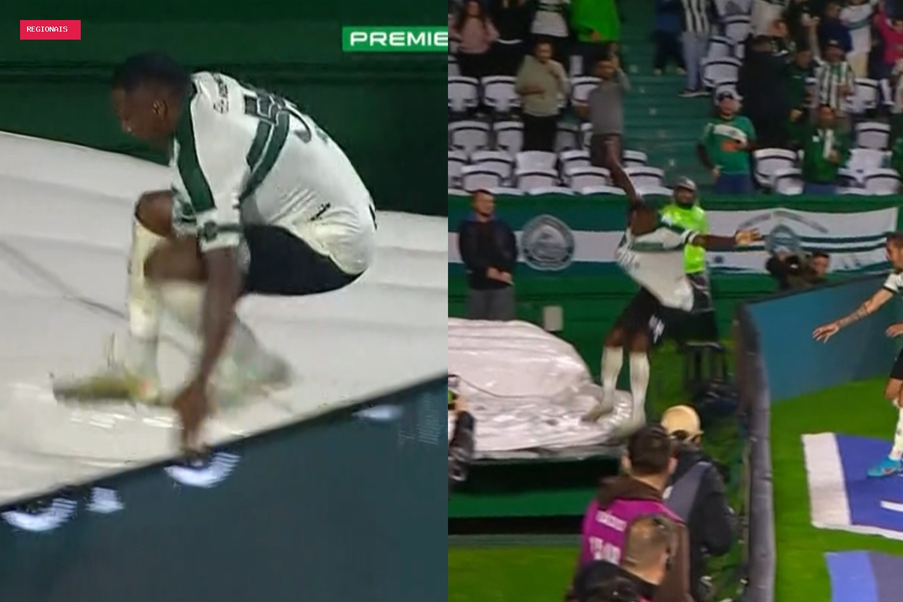 Jogador do Coritiba despenca em 'buraco' durante comemoração de gol, que foi anulado logo depois