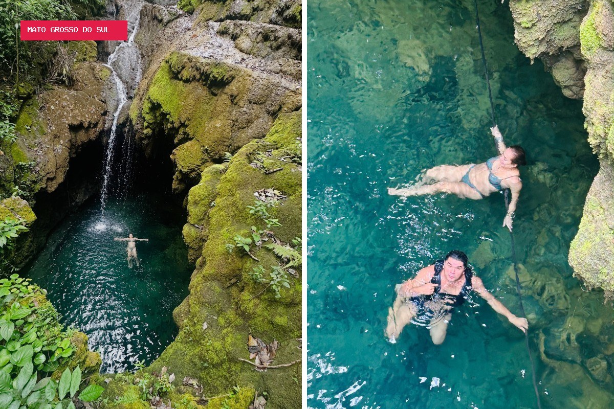 Cissa Guimarães se aventura por cratera gigante e cachoeira em forma de onça em Mato Grosso do Sul