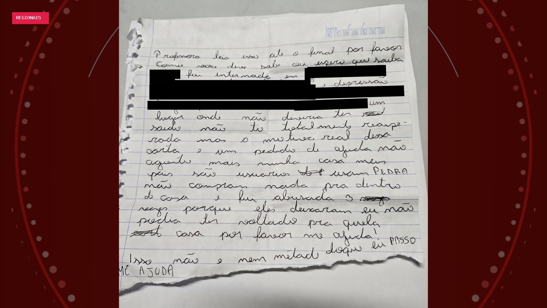 'Por favor, me ajuda': adolescente usa carta para contar à professora que pais eram pagos para permitirem
