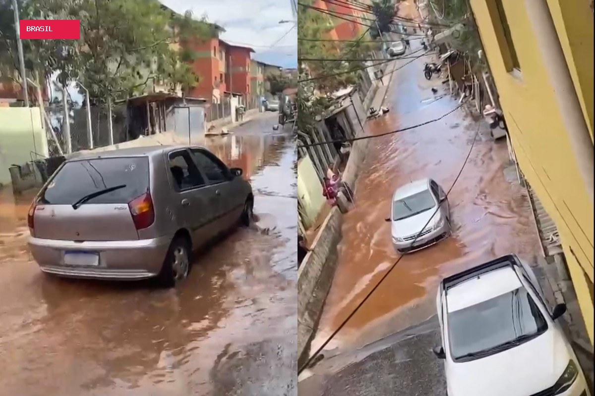 Adutora se rompe, alaga rua e conjunto habitacional no Aglomerado da Serra, em BH