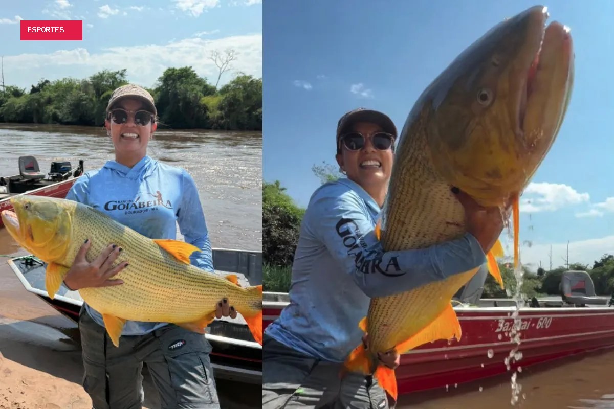 Empresária fisga dourado de 18 kg pela primeira vez durante pescaria em MS