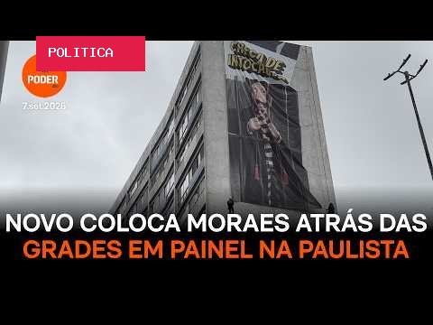 Ato de Zema tem painel com Moraes atrás das grades na Paulista
