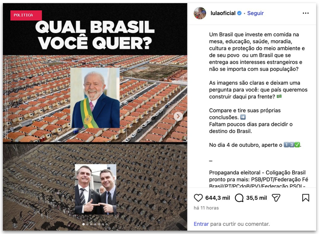 Lula faz post relacionando covas e tigrinho aos Bolsonaros
