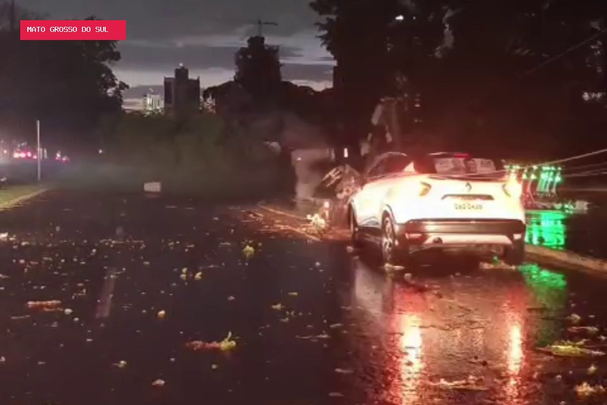 Mulher fica presa em carro após fiação de energia cair durante tempestade em Campo Grande