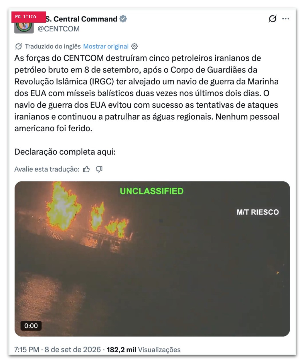 EUA destroem 5 petroleiros iranianos após ataques a navio