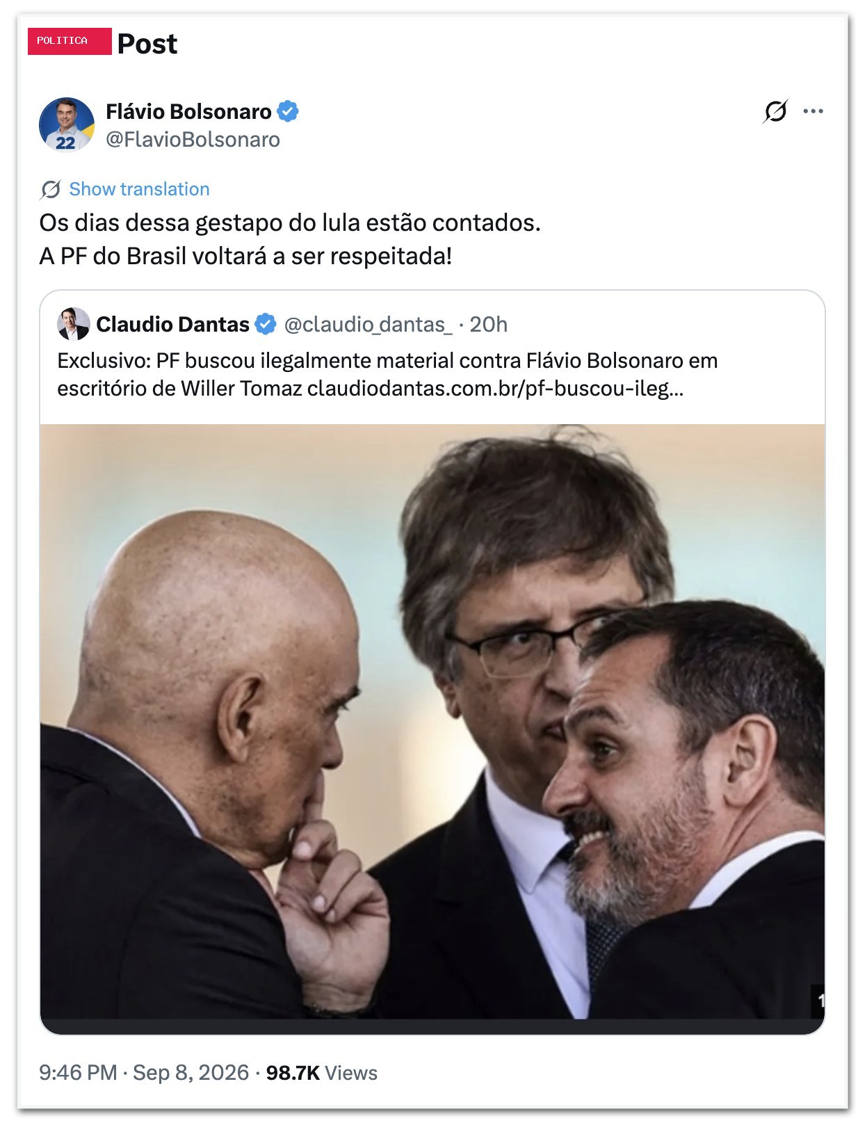 Flávio compara PF do governo Lula à polícia nazista