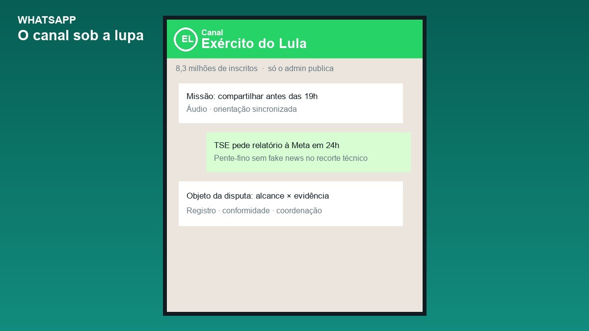 Representação do canal de WhatsApp Exército do Lula, alvo do pente-fino do TSE