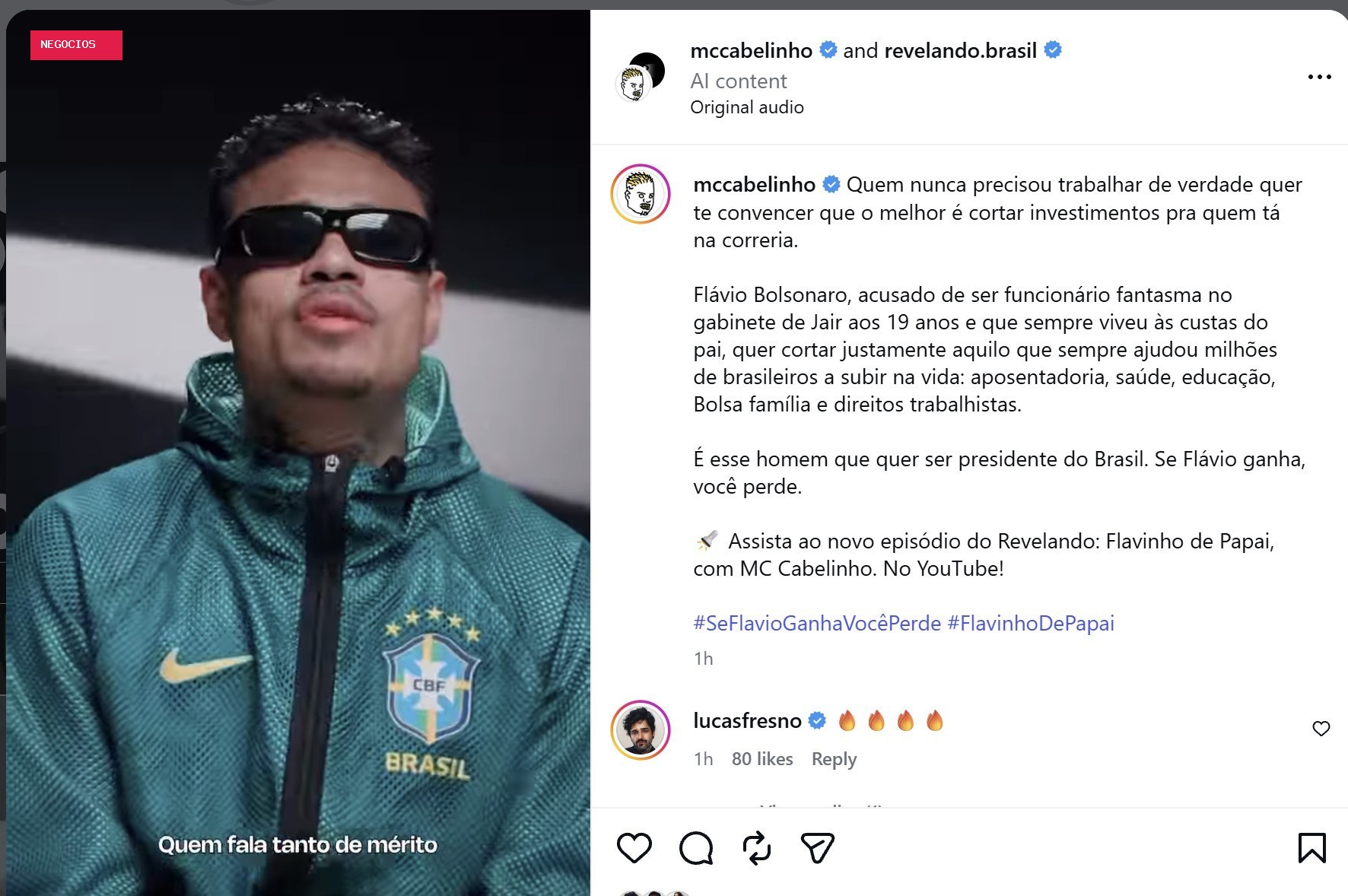 MC Cabelinho volta a publicar vídeo contra Flávio Bolsonaro após postagem ser derrubada pela Meta