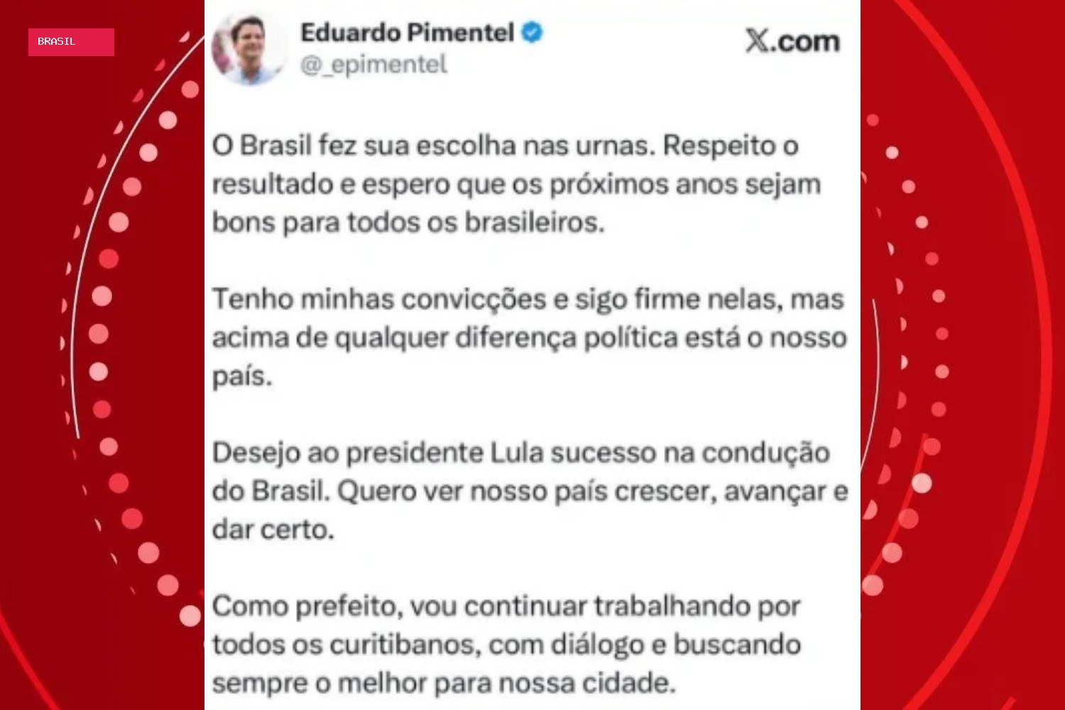 Prefeito de Curitiba, Eduardo Pimentel, se manifesta sobre vitória de Lula: 'O Brasil fez sua escolha nas