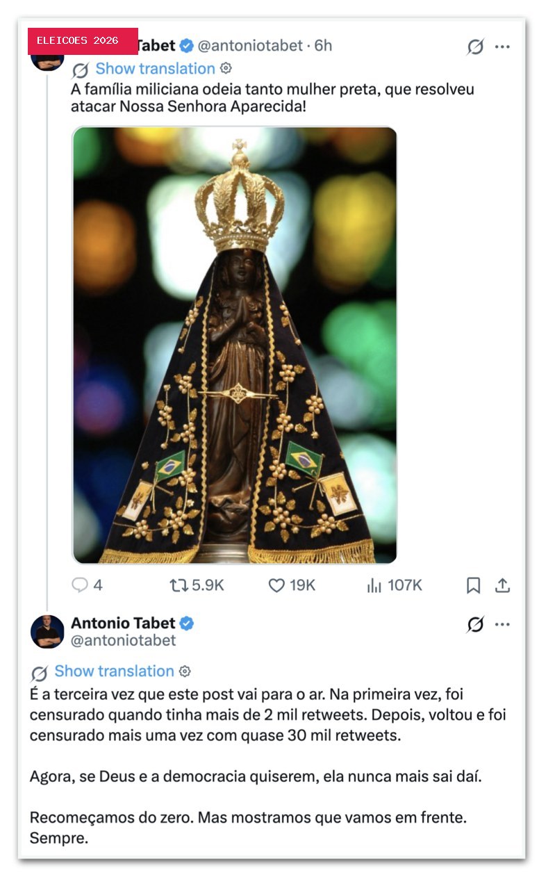 Após decisão do TSE, Tabet publica post sobre Nossa Senhora pela 3ª vez