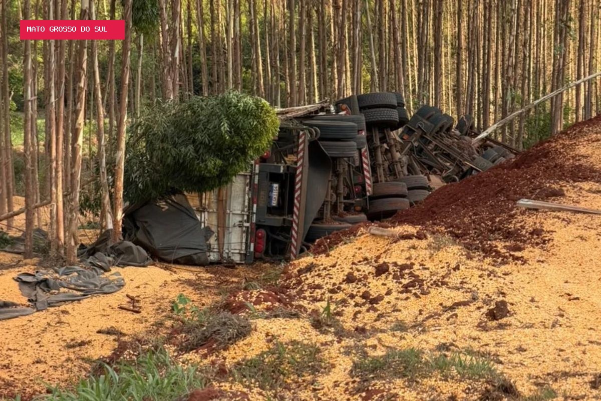 Caminhoneiro morre após carreta carregada de milho tombar em rodovia de MS