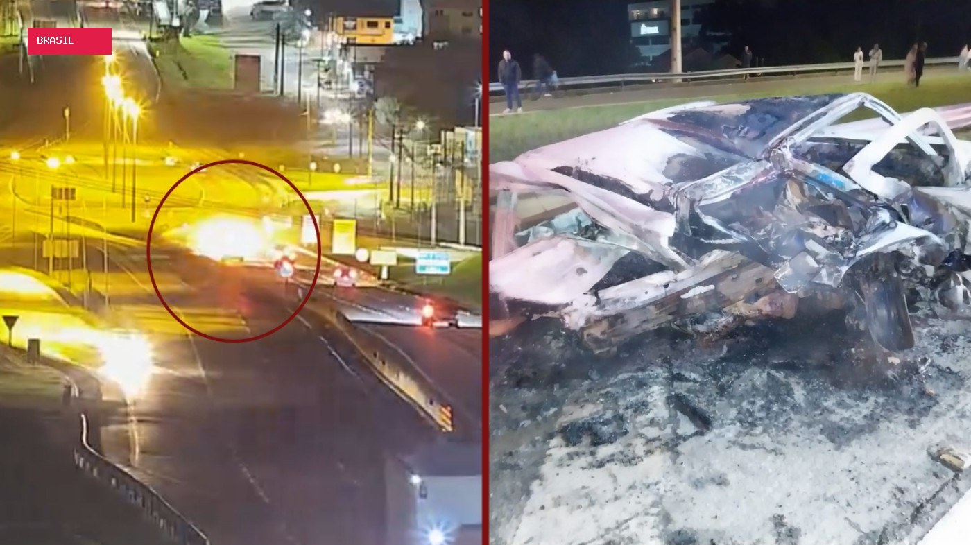 Motorista bêbado em alta velocidade bate em outro carro, causa incêndio e foge em rodovia do Paraná; uma