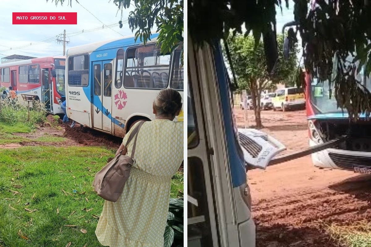 Ônibus atola em buraco e precisa ser resgatado por outro ônibus em MS