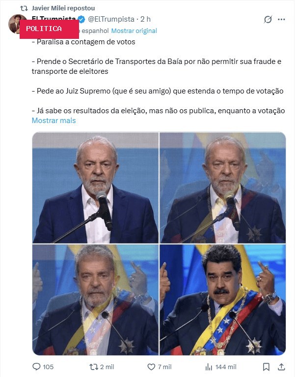 Milei compartilha post comparando Lula a Maduro após prorrogação da votação