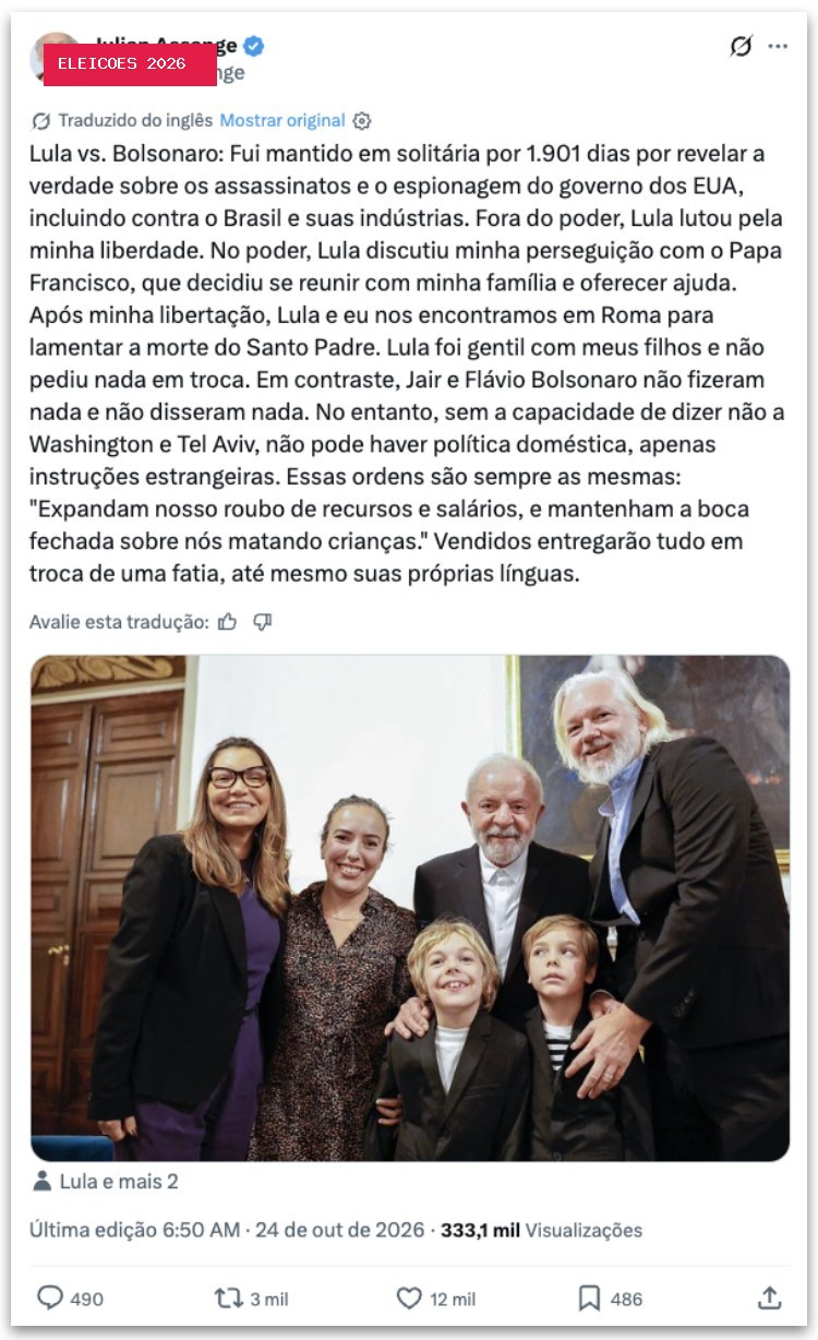 Assange diz que Lula lutou por sua liberdade e critica Bolsonaros